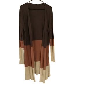 Doe & Rae Longline Neutral Brown Colorblock Cashmere Open Front Swater Large